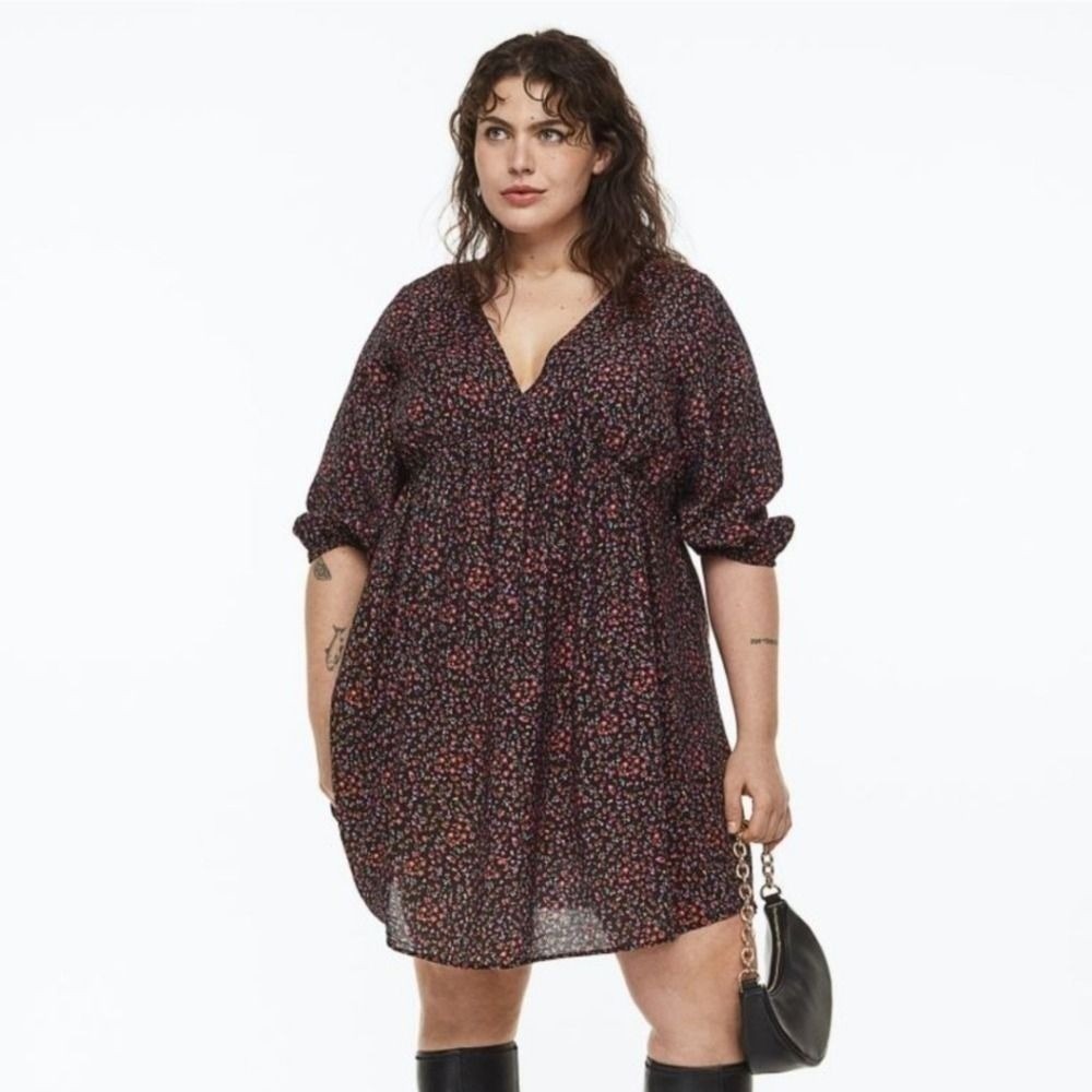 H&M Womens Black Floral V-Neck Babydoll Mini Dress 3/4 Puff Sleeve Size Medium